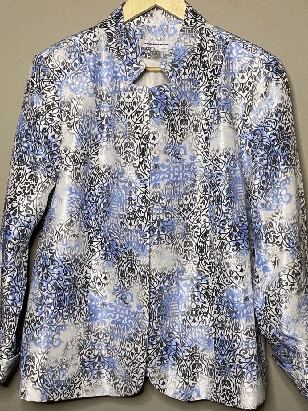 Allison Daley Damask Scroll Pattern Open Front Jacket Women Size 14 Blue White